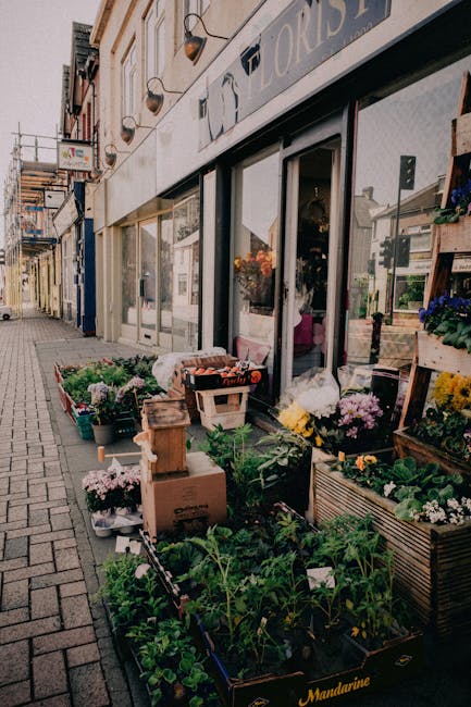 Exterior view of a flower shop on St Pauls Cray High Street, with a display of various potted plants and floral arrangements arranged in wooden crates and metal baskets outside the storefront. The pla
