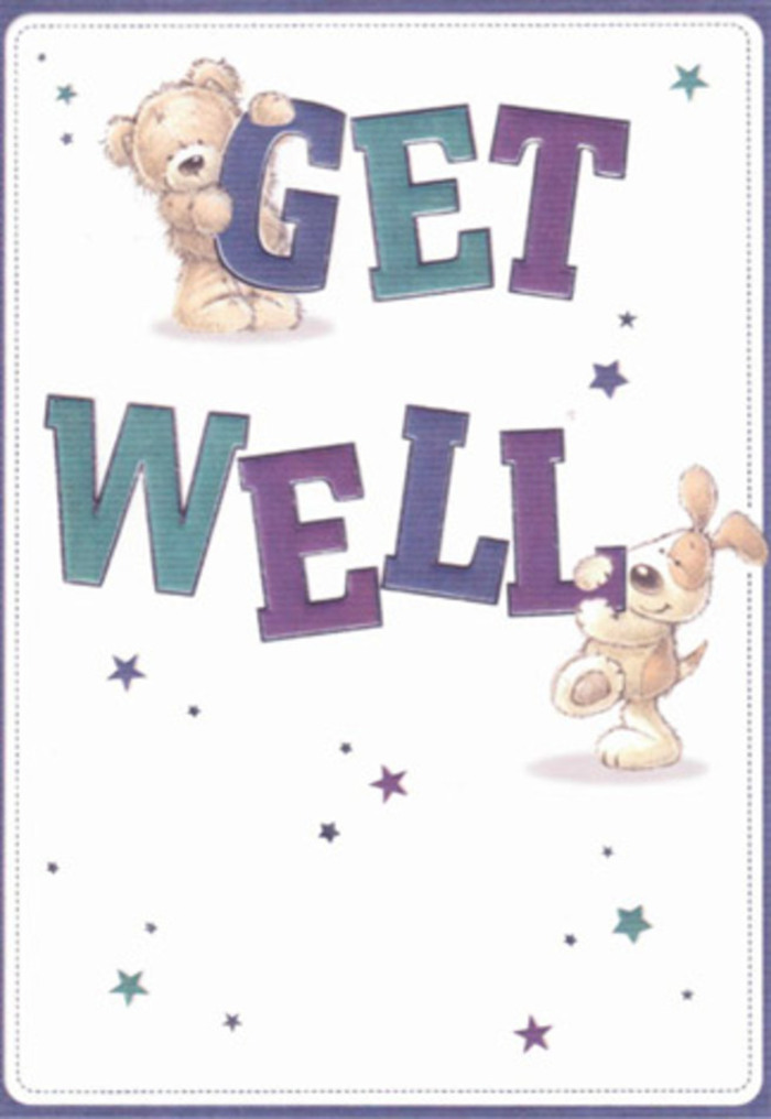 A gentle celebration unfolds in this illustrated get well card, echoing the comforting artistry you'd find at a trusted St Paul's Cray florist. In the foreground, a friendly, plush bear and an eager puppy exude playfulness and reassurance-both perfectly captured in the glint of their eyes and the tactile, inviting textures of their softly shaded fur. Surrounding them, a constellation of indigo and violet stars appears to scatter good intentions across a creamy white background, much as heartfelt wishes are shared among neighbours in St Paul's Cray, perhaps near the tranquil pathways of Nugent Retail Park or along the River Cray. The typography, bold and oversized in purples and aquas, grounds the composition in a hopeful confidence. The entire scene is suffused with a light and breezy atmosphere, conjuring a sense of gentle encouragement akin to delivering a cheerful bouquet to a loved one nearby. This card is more than a simple message; it's an invitation to healing and uplift, a reminder that even in difficult moments, kindness and connection thrive right here in our local community.